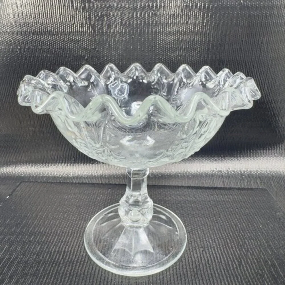 Antique Clear Footed Compote Dish‎ Bowl Wavy Edges Glassware Decor Dish Bowl VTG